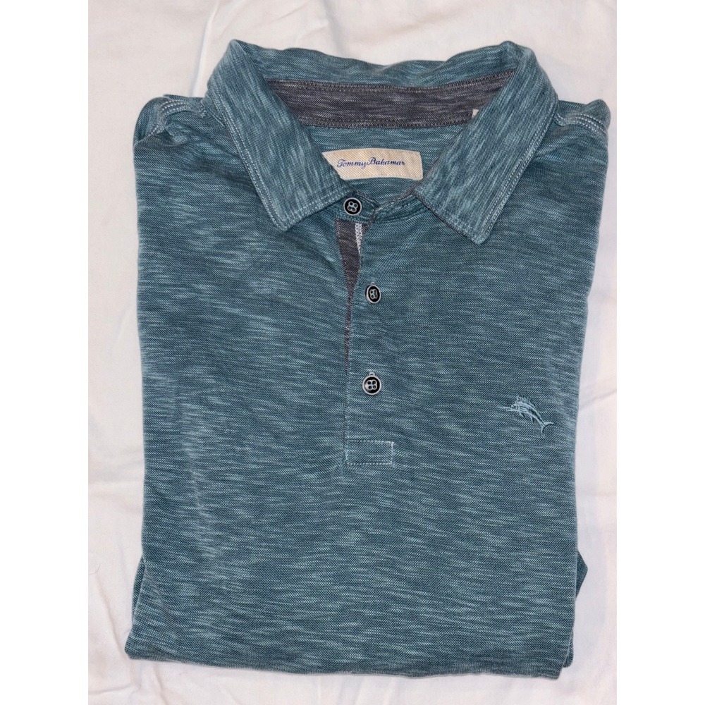 Tommy Bahama Mens XXL Polo Shirt Teal Blue Slub Knit Short Sleeve Marlin Logo